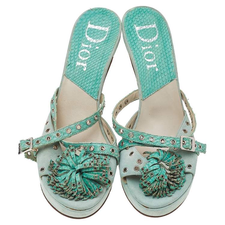 Pre Owned Dior Aqua Green Suede And Python Embossed Leather Eyelet Detail Platform Slide Sandals Size 39