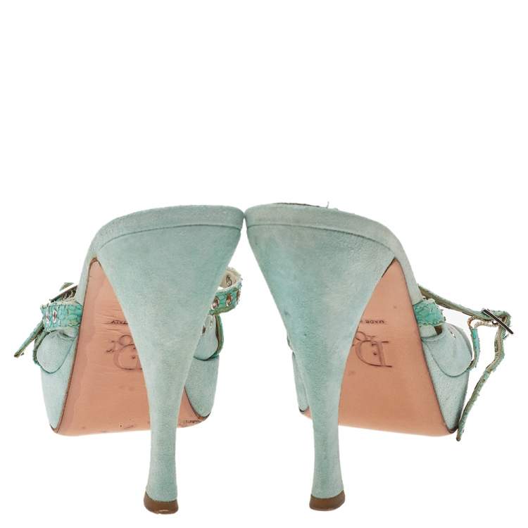 Pre Owned Dior Aqua Green Suede And Python Embossed Leather Eyelet Detail Platform Slide Sandals Size 39