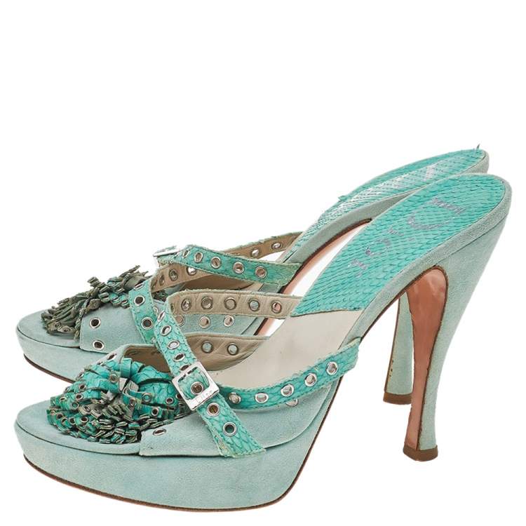 Pre Owned Dior Aqua Green Suede And Python Embossed Leather Eyelet Detail Platform Slide Sandals Size 39