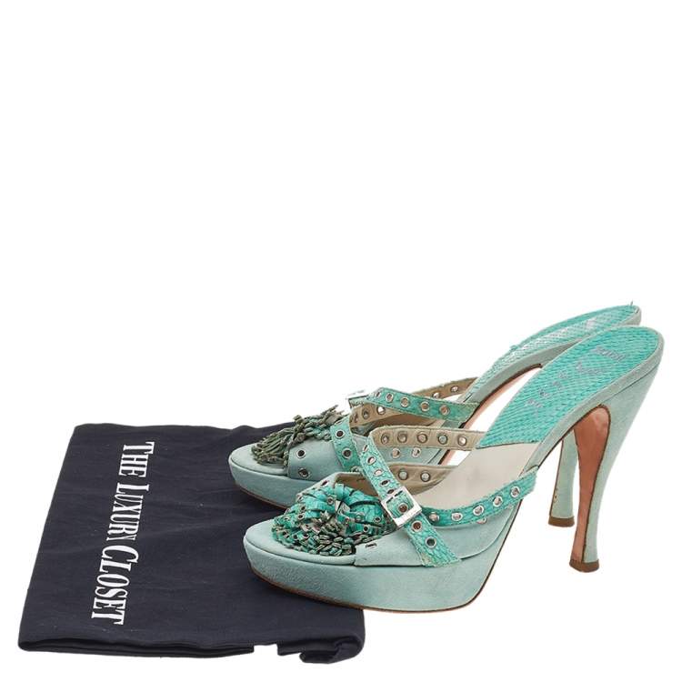Pre Owned Dior Aqua Green Suede And Python Embossed Leather Eyelet Detail Platform Slide Sandals Size 39