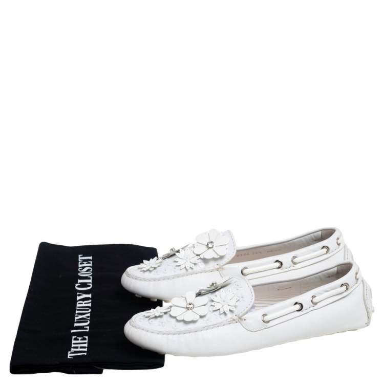 Pre Owned Dior White Leather Embellished Slip On Loafers Size 36.5