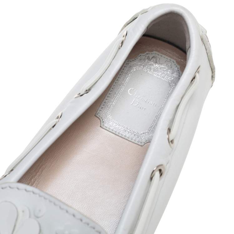 Pre Owned Dior White Leather Embellished Slip On Loafers Size 36.5