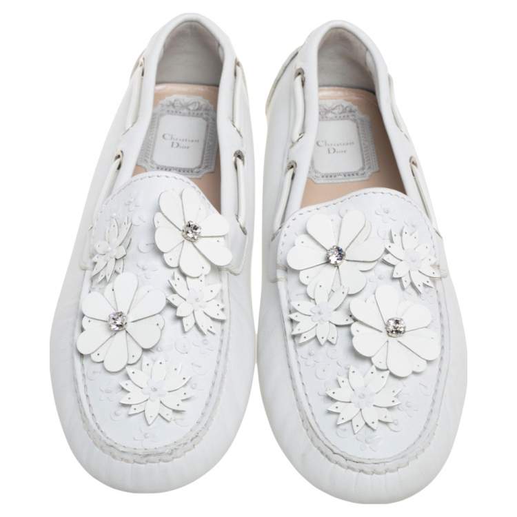 Pre Owned Dior White Leather Embellished Slip On Loafers Size 36.5