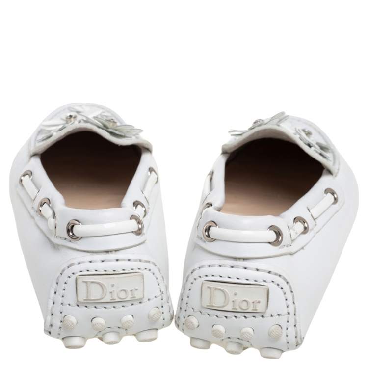 Pre Owned Dior White Leather Embellished Slip On Loafers Size 36.5