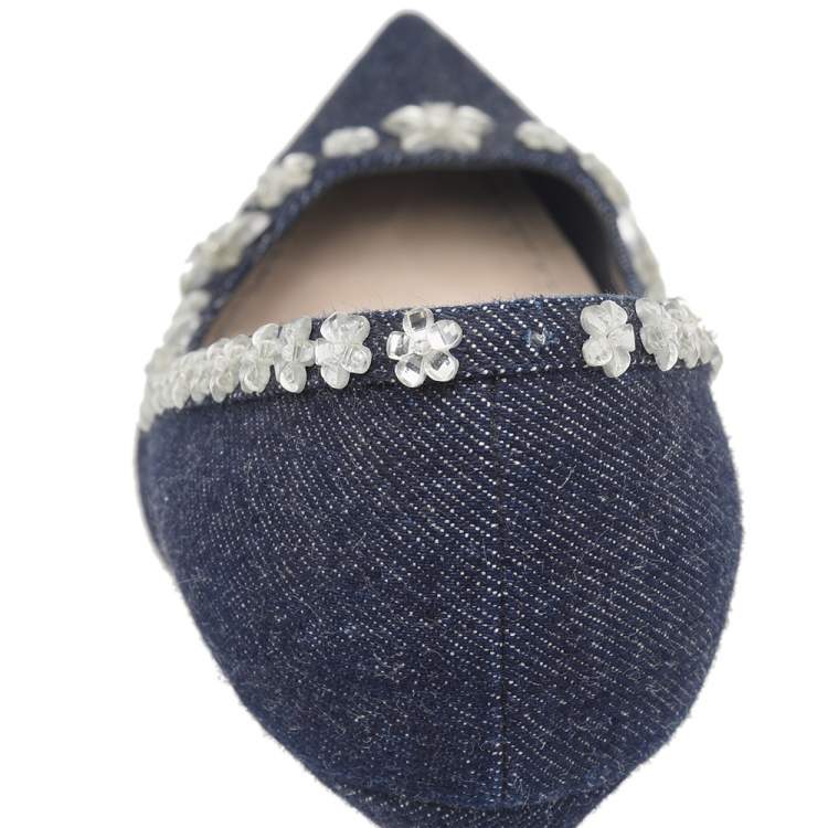 Pre Owned Dior Navy Blue Denim Crystal Embellished Pointed Toe Pumps Size 38.5