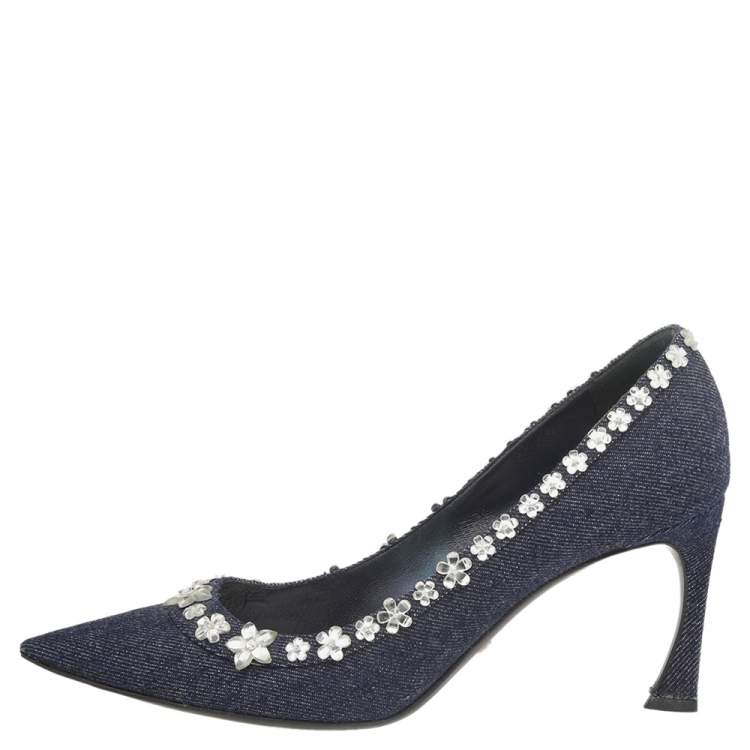 Pre Owned Dior Navy Blue Denim Crystal Embellished Pointed Toe Pumps Size 38.5