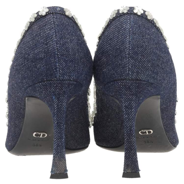 Pre Owned Dior Navy Blue Denim Crystal Embellished Pointed Toe Pumps Size 38.5