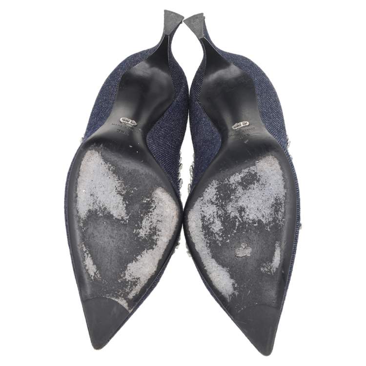 Pre Owned Dior Navy Blue Denim Crystal Embellished Pointed Toe Pumps Size 38.5