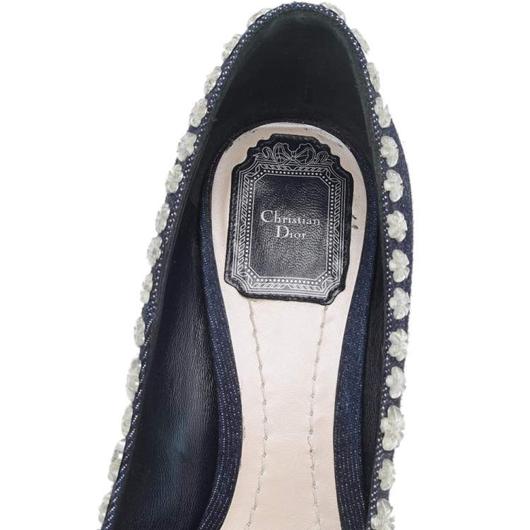 Pre Owned Dior Navy Blue Denim Crystal Embellished Pointed Toe Pumps Size 38.5