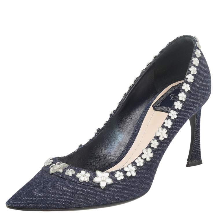 Pre Owned Dior Navy Blue Denim Crystal Embellished Pointed Toe Pumps Size 38.5