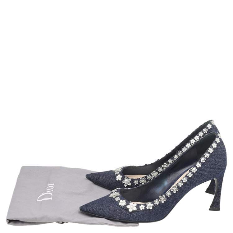 Pre Owned Dior Navy Blue Denim Crystal Embellished Pointed Toe Pumps Size 38.5