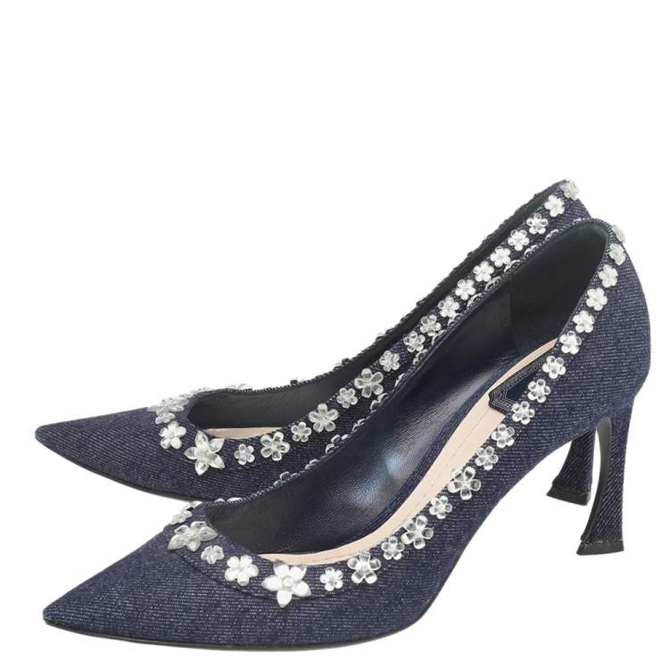 Pre Owned Dior Navy Blue Denim Crystal Embellished Pointed Toe Pumps Size 38.5