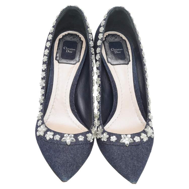 Pre Owned Dior Navy Blue Denim Crystal Embellished Pointed Toe Pumps Size 38.5