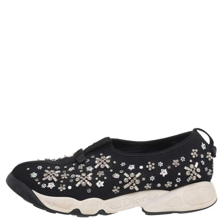 Pre Owned Dior Black Mesh Embellished Fusion Slip On Sneakers Size 38