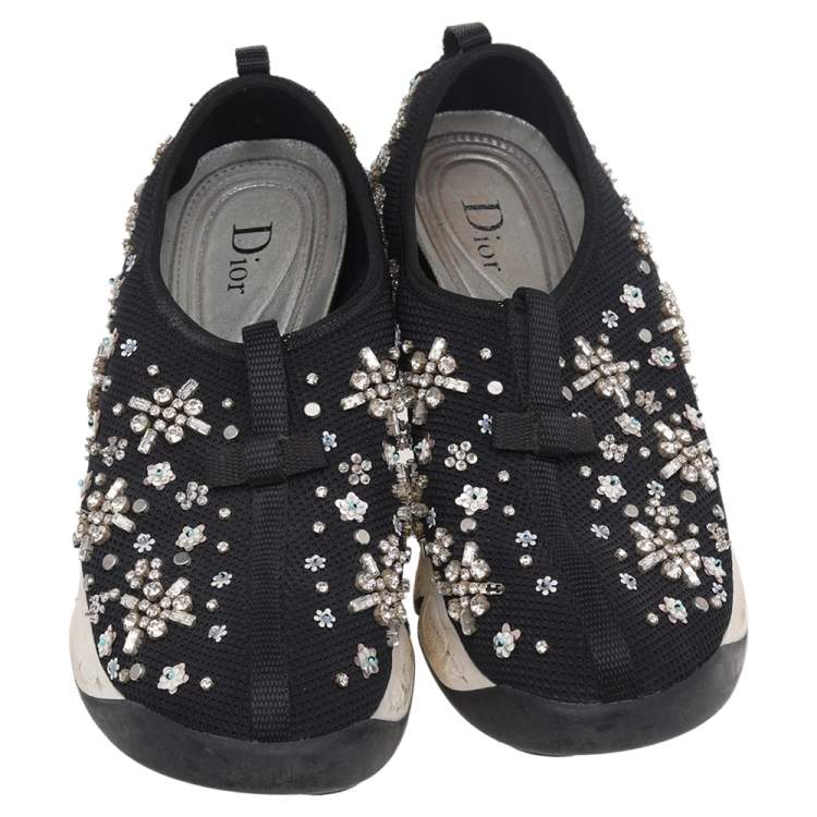 Pre Owned Dior Black Mesh Embellished Fusion Slip On Sneakers Size 38