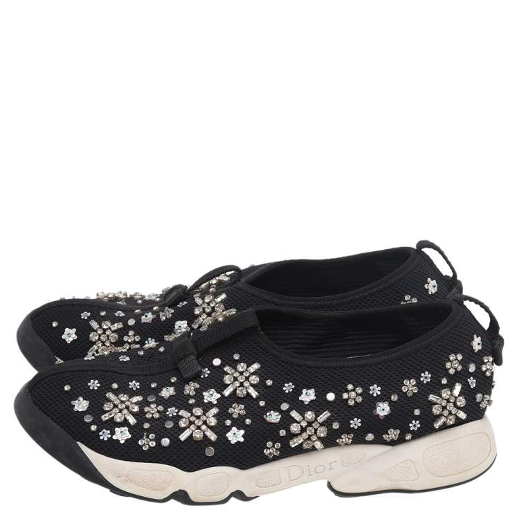 Pre Owned Dior Black Mesh Embellished Fusion Slip On Sneakers Size 38