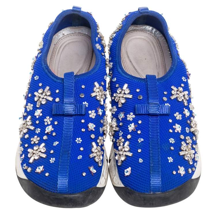 Pre Owned Dior Blue Mesh Fusion Floral Sequins Embellished Slip On Sneakers Size 39