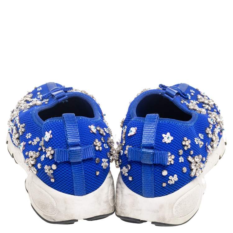 Pre Owned Dior Blue Mesh Fusion Floral Sequins Embellished Slip On Sneakers Size 39
