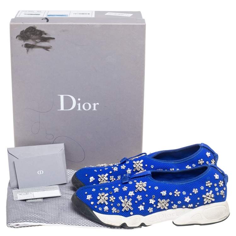 Pre Owned Dior Blue Mesh Fusion Floral Sequins Embellished Slip On Sneakers Size 39