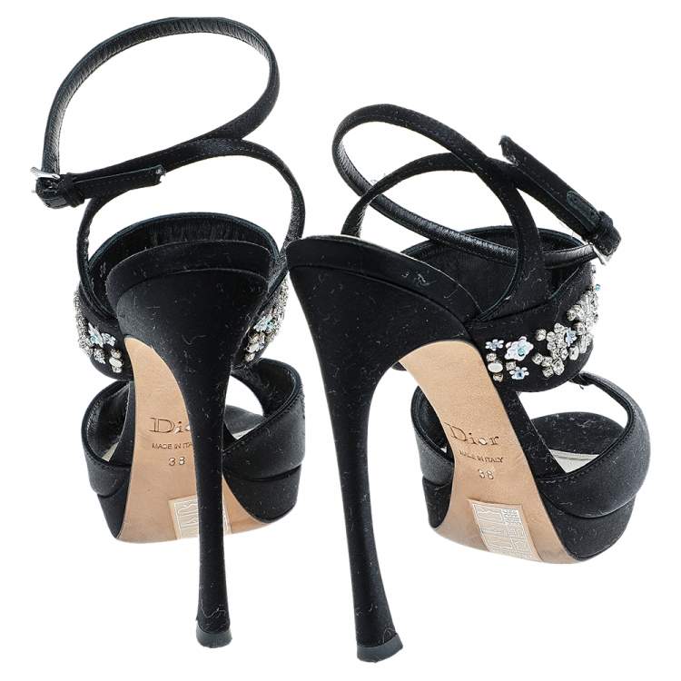 Pre Owned Dior Black Satin Embellished Ankle Strap Sandals Size 38