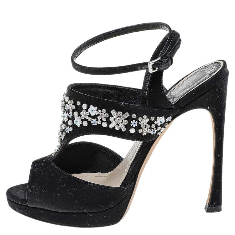 Pre Owned Dior Black Satin Embellished Ankle Strap Sandals Size 38