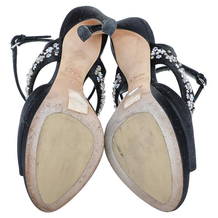 Pre Owned Dior Black Satin Embellished Ankle Strap Sandals Size 38