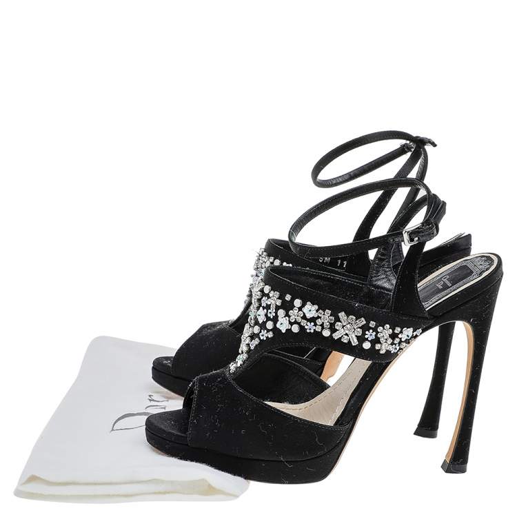 Pre Owned Dior Black Satin Embellished Ankle Strap Sandals Size 38