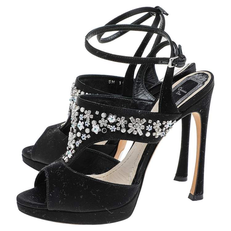 Pre Owned Dior Black Satin Embellished Ankle Strap Sandals Size 38