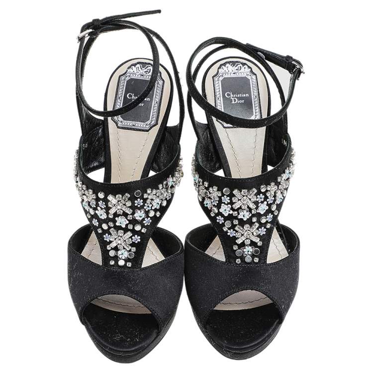 Pre Owned Dior Black Satin Embellished Ankle Strap Sandals Size 38