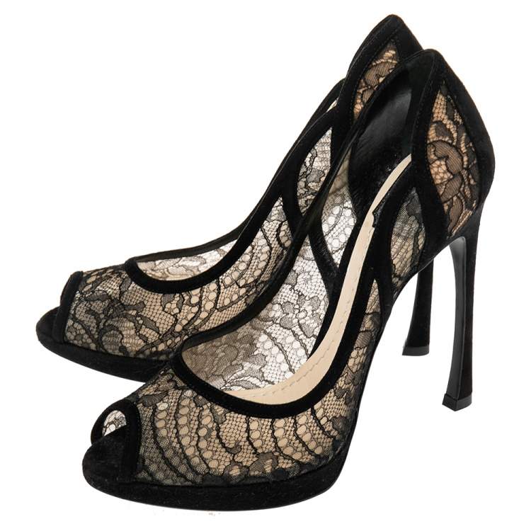Pre Owned Dior Black Lace And Suede Scallop Peep Toe Pumps Size 38.5