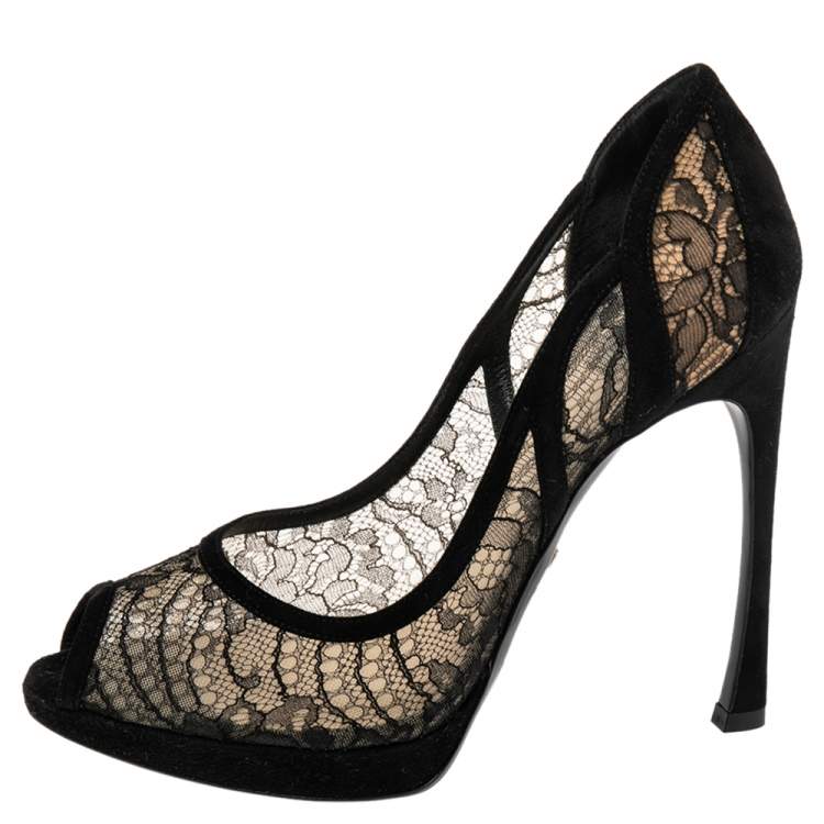 Pre Owned Dior Black Lace And Suede Scallop Peep Toe Pumps Size 38.5