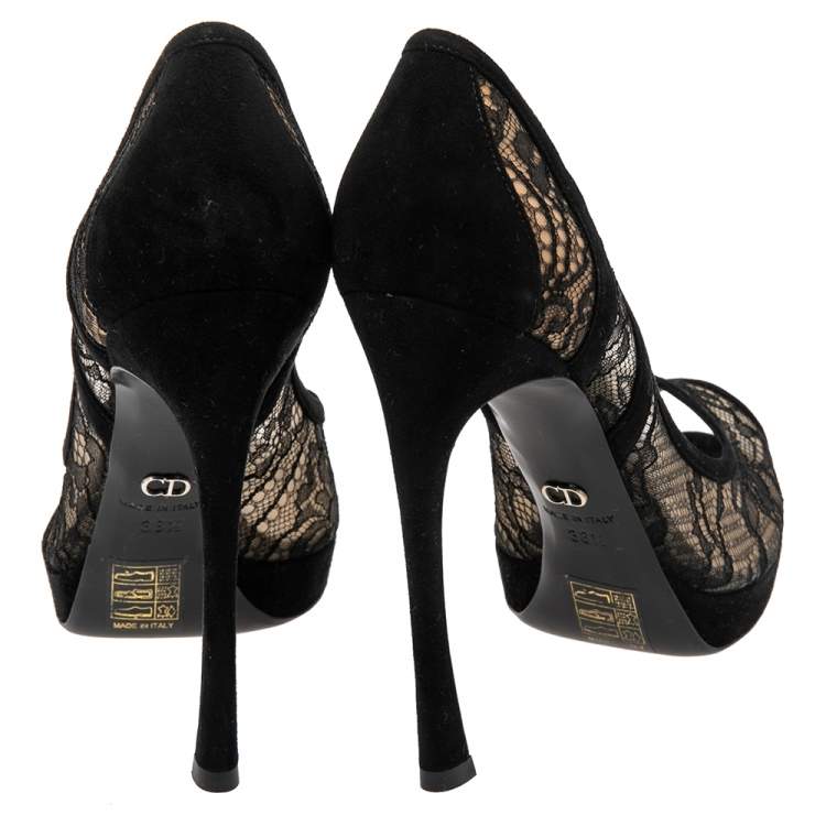 Pre Owned Dior Black Lace And Suede Scallop Peep Toe Pumps Size 38.5