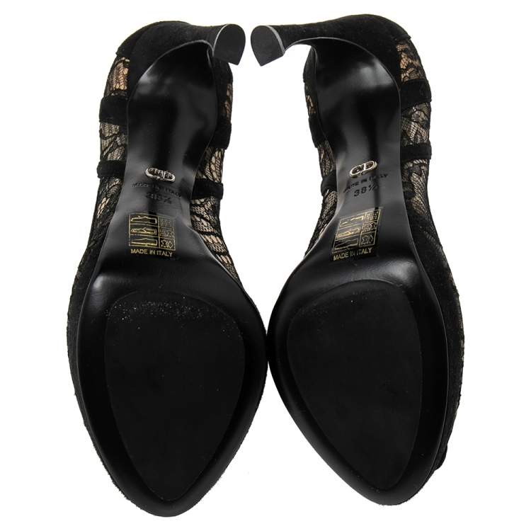 Pre Owned Dior Black Lace And Suede Scallop Peep Toe Pumps Size 38.5