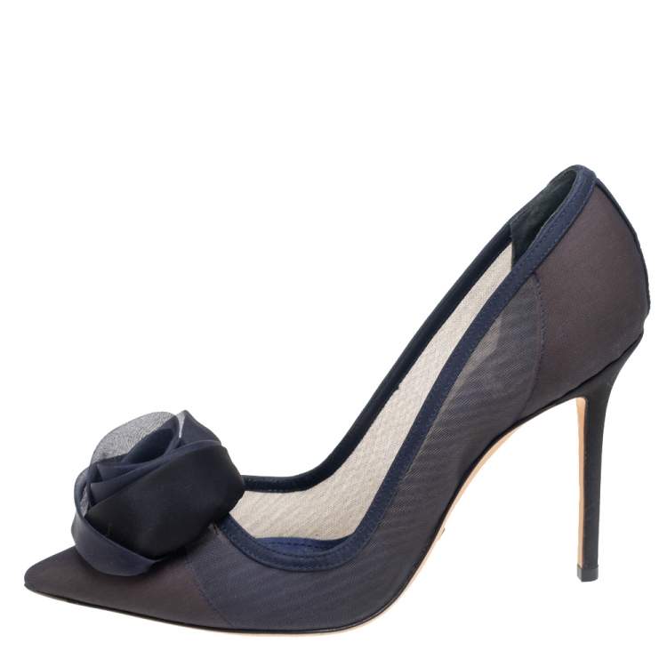Pre Owned Dior Navy Blue Mesh And Canvas Embellished Rosette Pointed Toe Pumps Size 37