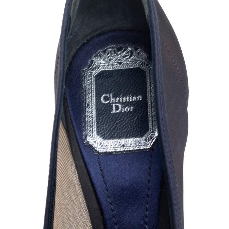 Pre Owned Dior Navy Blue Mesh And Canvas Embellished Rosette Pointed Toe Pumps Size 37