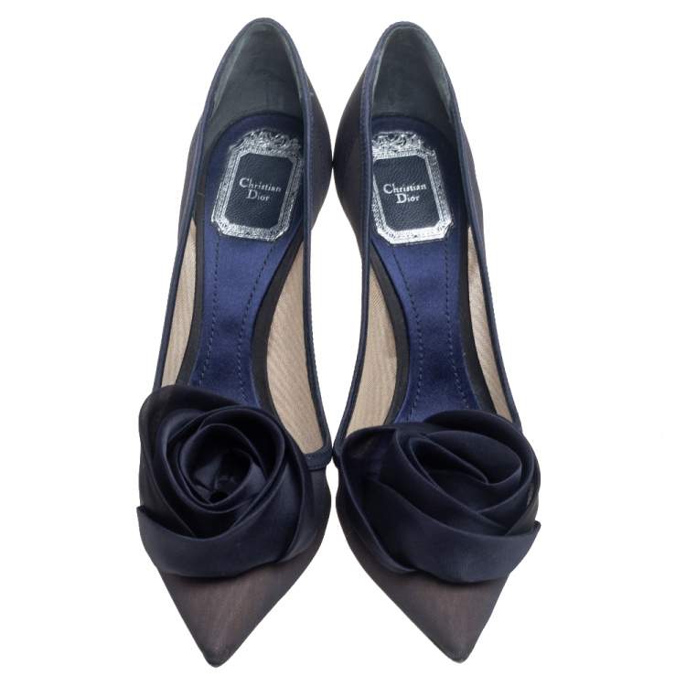 Pre Owned Dior Navy Blue Mesh And Canvas Embellished Rosette Pointed Toe Pumps Size 37