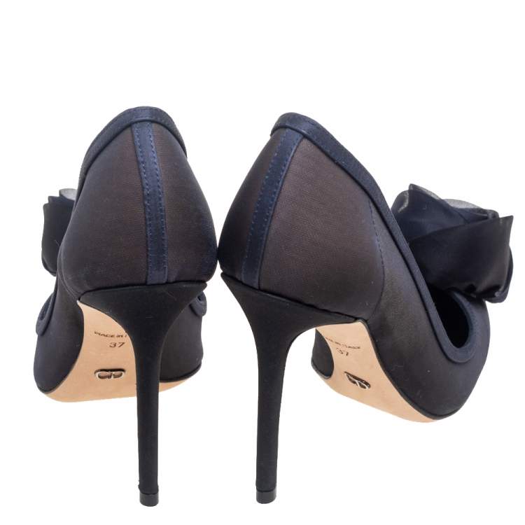 Pre Owned Dior Navy Blue Mesh And Canvas Embellished Rosette Pointed Toe Pumps Size 37