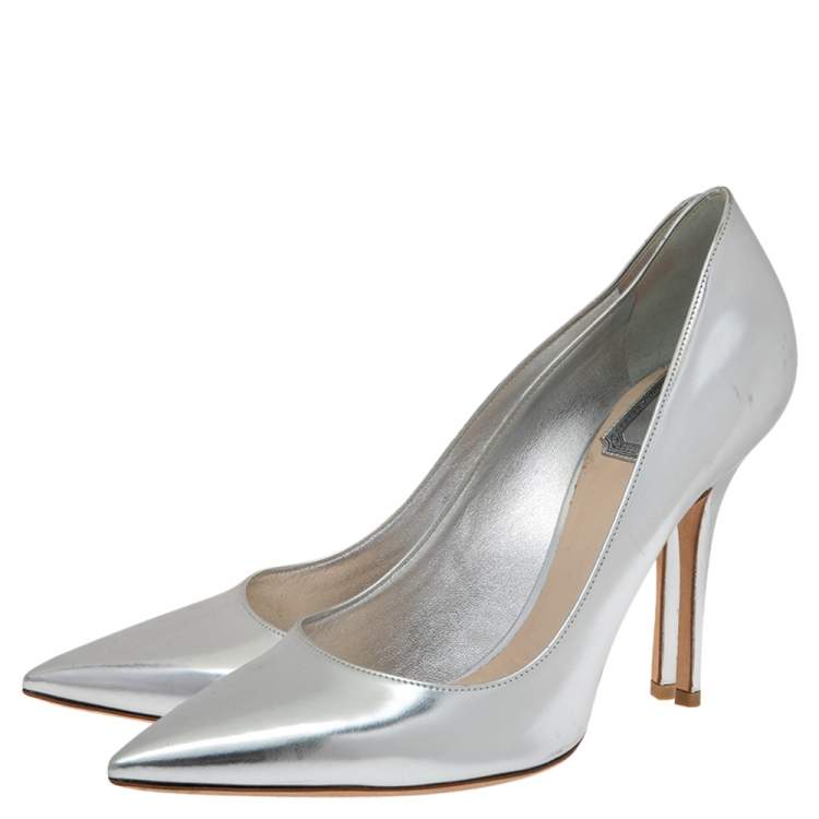 Pre Owned Dior Silver Leather Pointed Toe Pumps Size 37