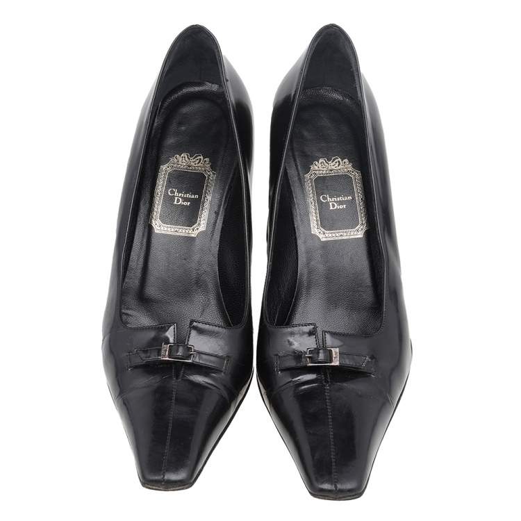 Pre Owned Dior Black Patent Leather Square Toe Buckle Pumps Size 38.5
