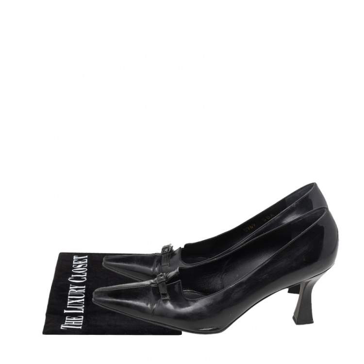 Pre Owned Dior Black Patent Leather Square Toe Buckle Pumps Size 38.5