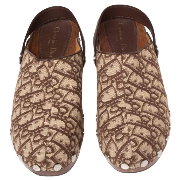Pre Owned  Dior Beige/Brown Oblique Canvas Diorquake Slingback Clogs Size 41