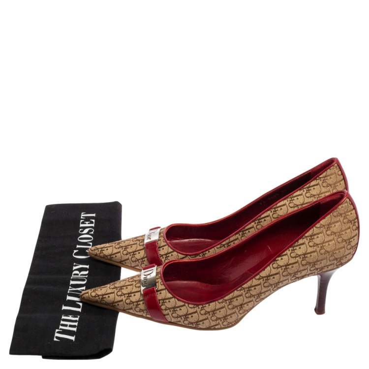 مملوكة مسبقًا Dior Red-Beige Oblique Canvas And Leather Logo Pointed Toe Pumps Size 38