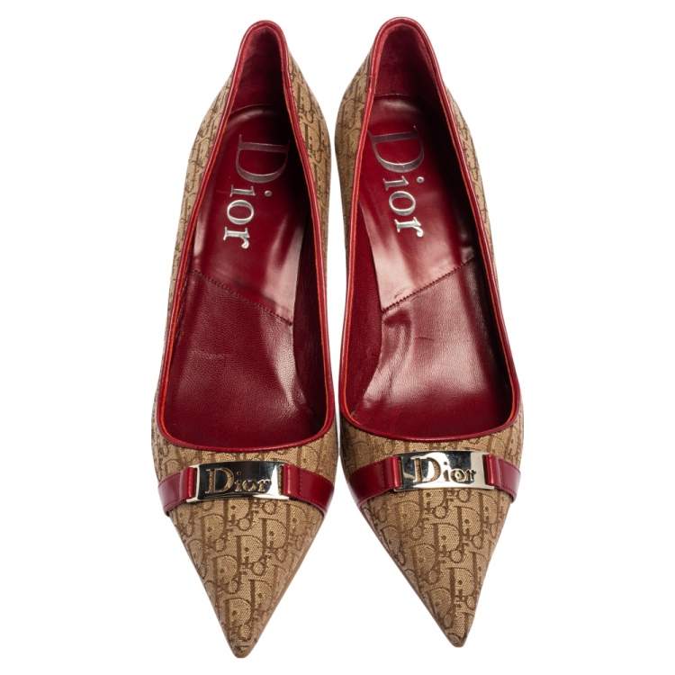 مملوكة مسبقًا Dior Red-Beige Oblique Canvas And Leather Logo Pointed Toe Pumps Size 38