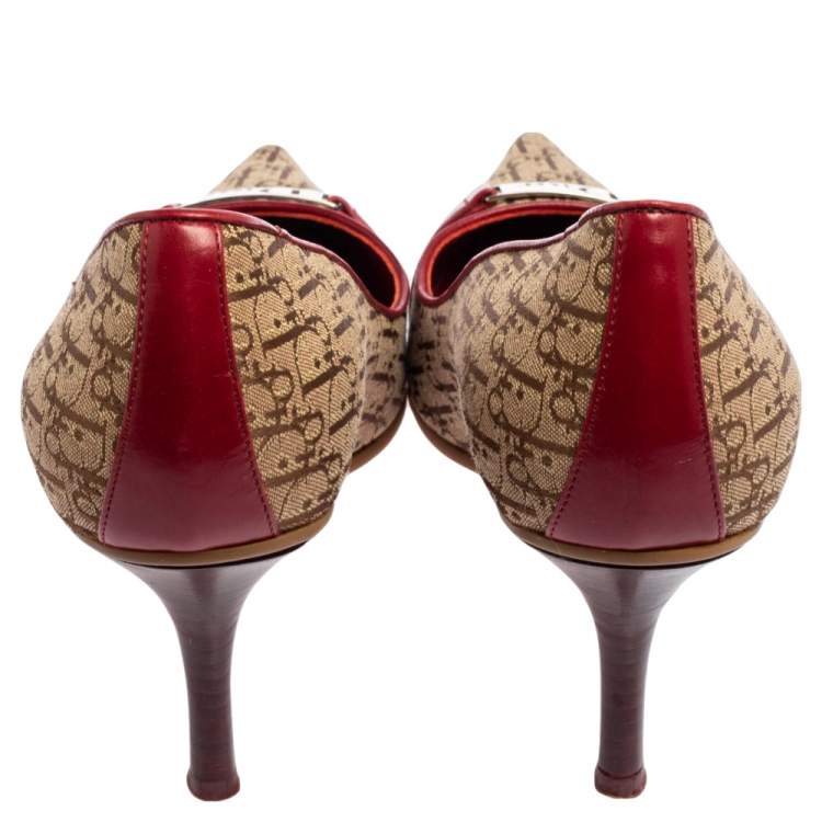مملوكة مسبقًا Dior Red-Beige Oblique Canvas And Leather Logo Pointed Toe Pumps Size 38