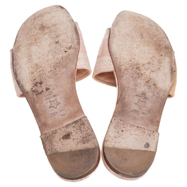 Pre Owned Dior Pink/Cream Embroidered Canvas Dway Flat Slides Size 37
