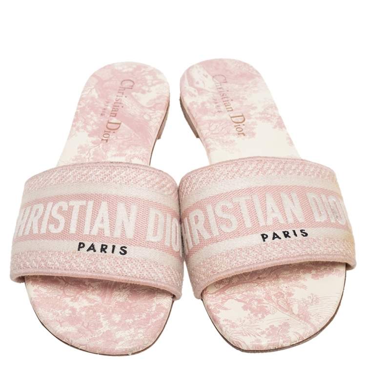 Pre Owned Dior Pink/Cream Embroidered Canvas Dway Flat Slides Size 37