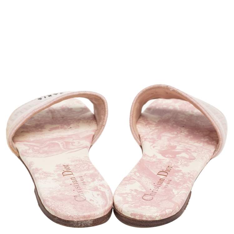 Pre Owned Dior Pink/Cream Embroidered Canvas Dway Flat Slides Size 37