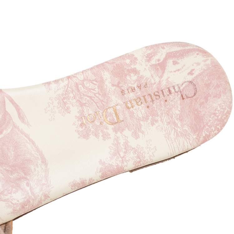 Pre Owned Dior Pink/Cream Embroidered Canvas Dway Flat Slides Size 37