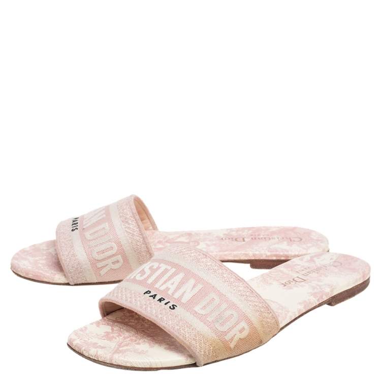 Pre Owned Dior Pink/Cream Embroidered Canvas Dway Flat Slides Size 37