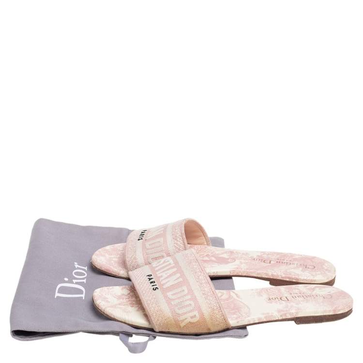 Pre Owned Dior Pink/Cream Embroidered Canvas Dway Flat Slides Size 37
